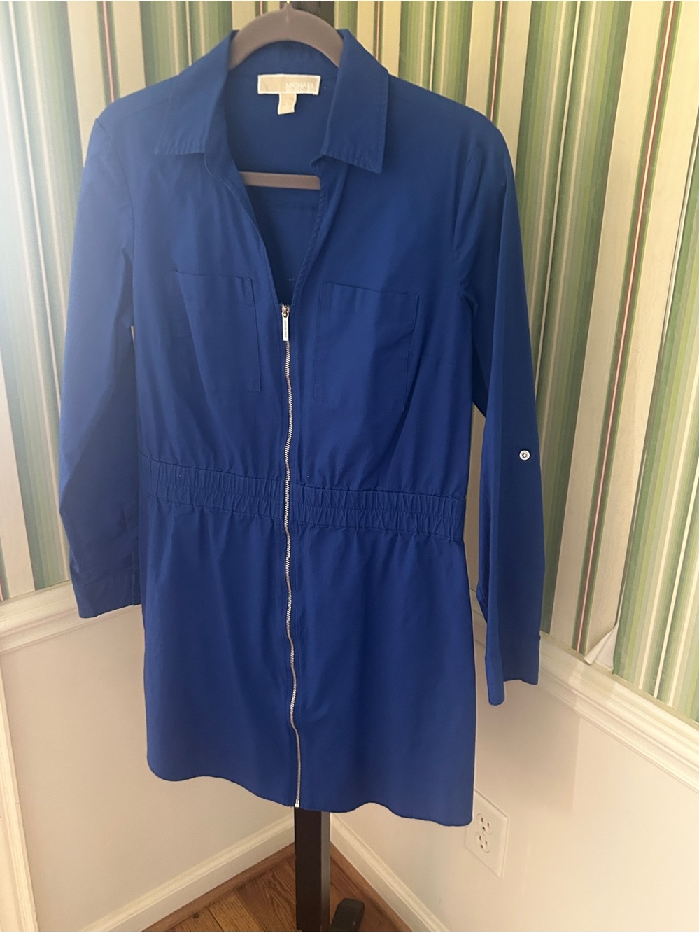 MICHAEL Michael Kors Shirt Dress Cinched Waist Blue Long-Sleeve Zip Front Sporty - Picture 11 of 11
